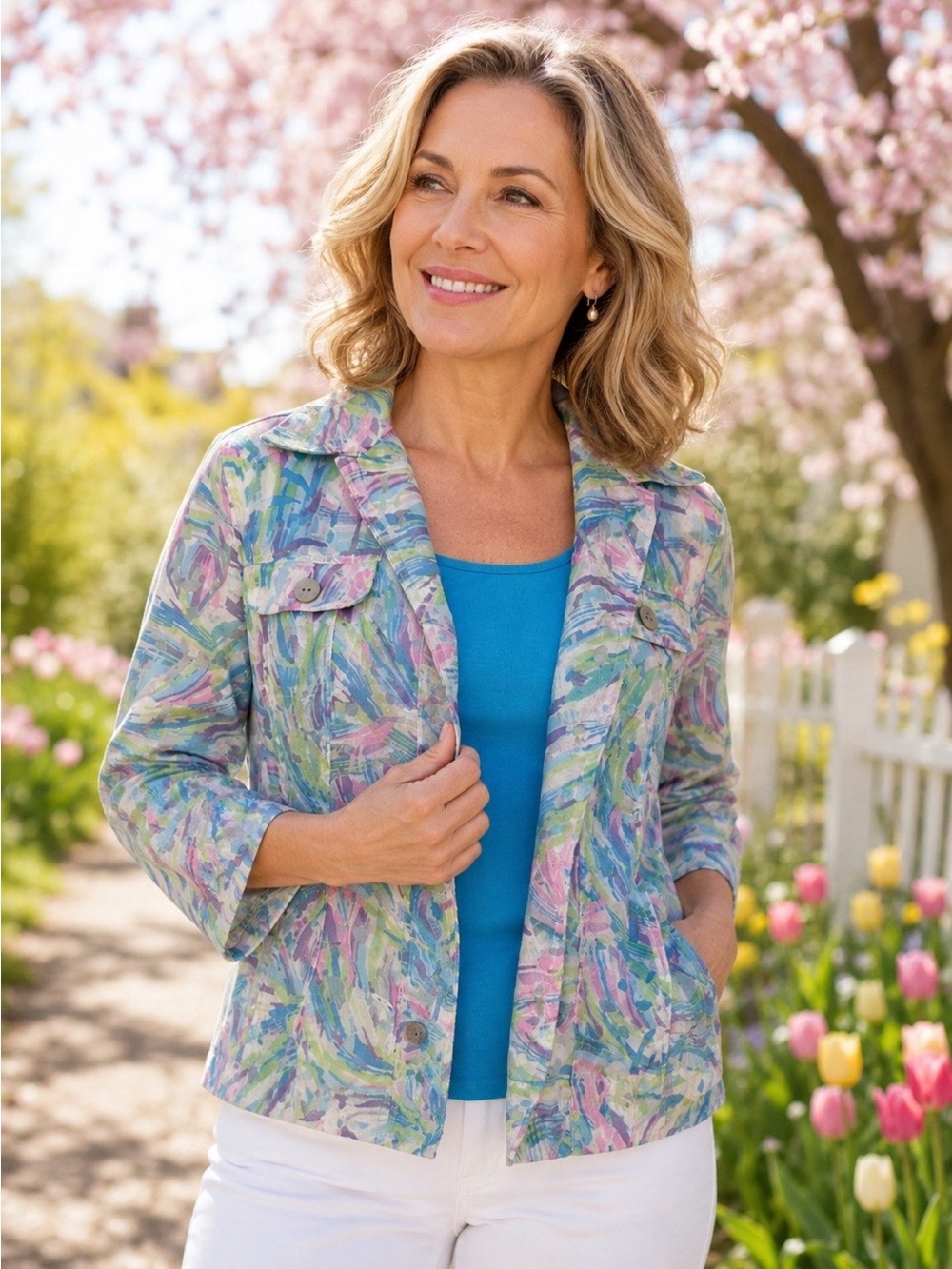 Ruby Rd. Pastel Brushstroke Blazer - Blue, Pink, Green with Tank
